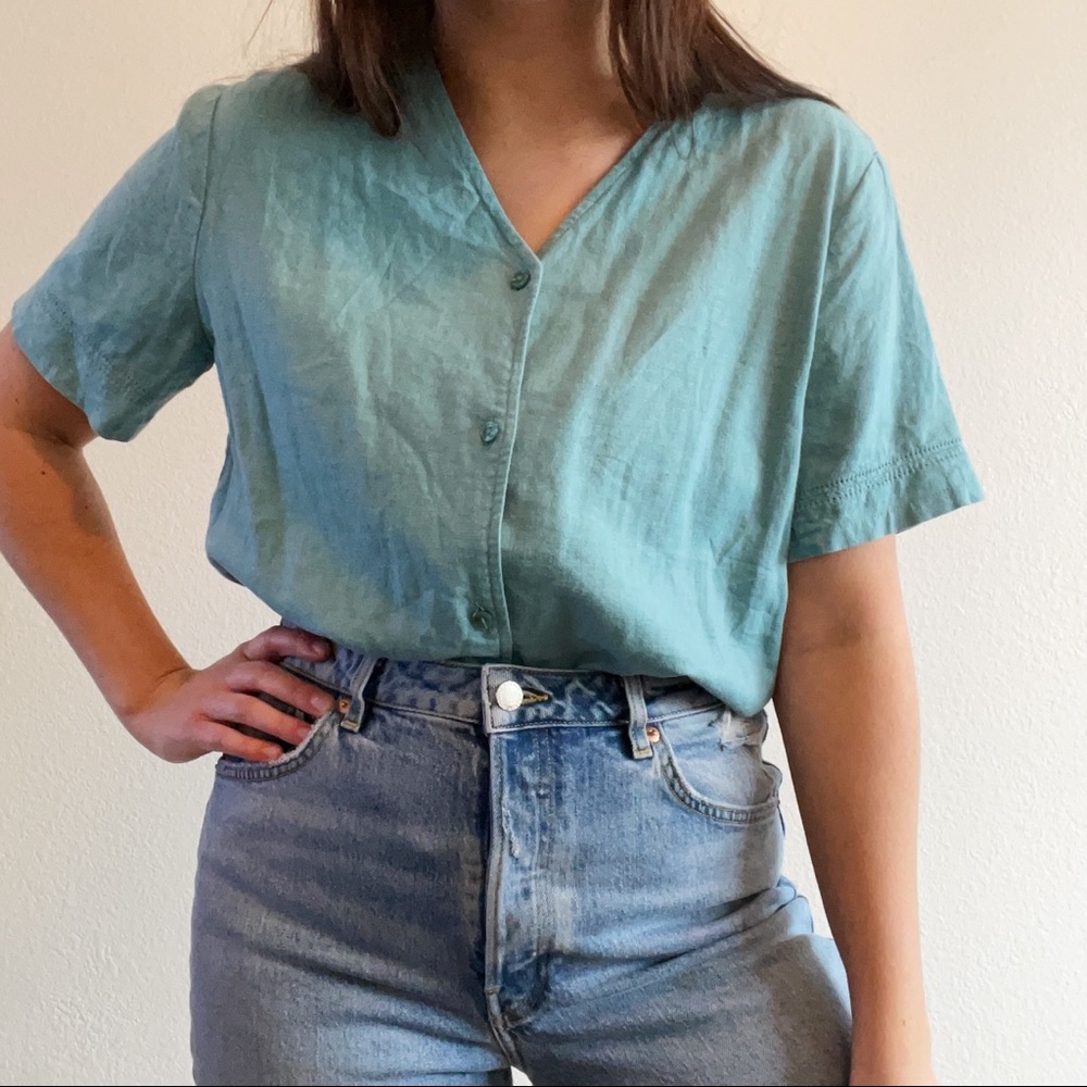 Blue Linen Button Up Top Size M-L